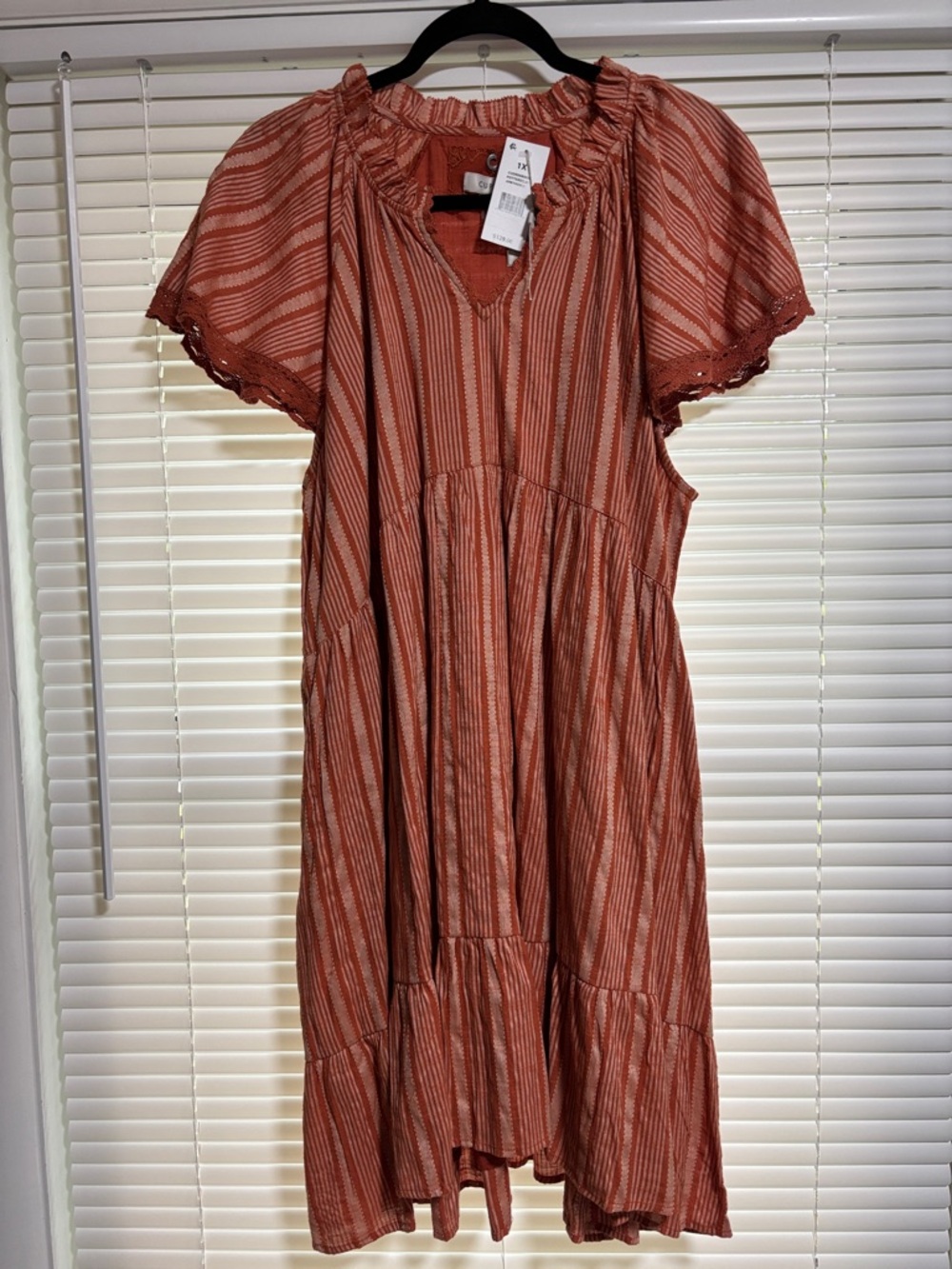 Cupio Rust-Striped Tiered Midi Dress with Ruffle Collar